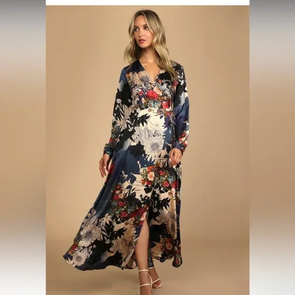 Lulus Put on a Smile Blue Floral Print Satin Wrap Maxi Dress - Picture 5 of 6